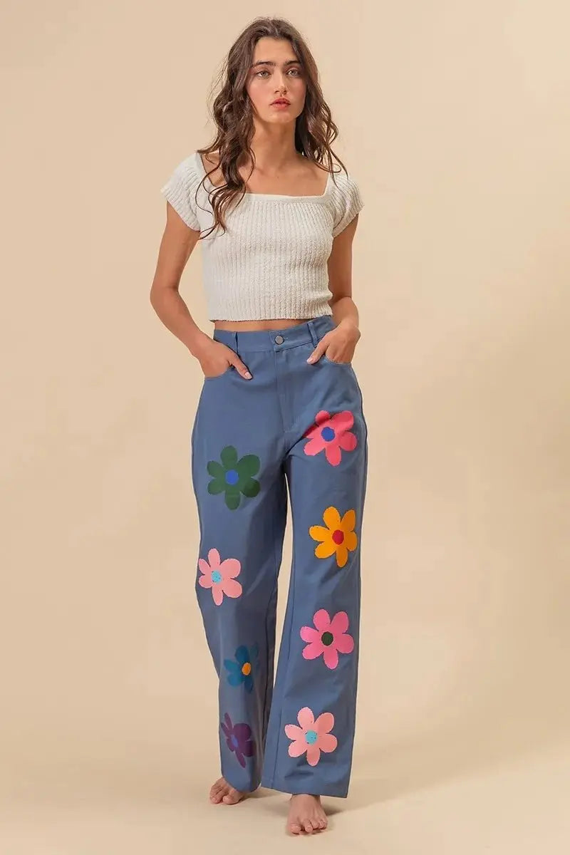 BiBi Flower Print Straight Legs Pants for Chic Style - Love Salve